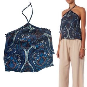 Intermix Silk Blue Paisley Pom Pom Trim Halter Tank Top